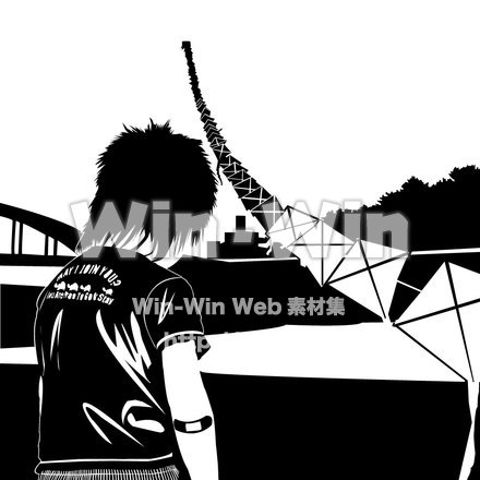 多摩川(連凧と子供)のシルエット素材 W-002295