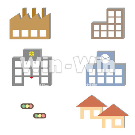 工場・警察署・信号機・ビル・学校・家＿地図セットのCG・イラスト素材 W-015234