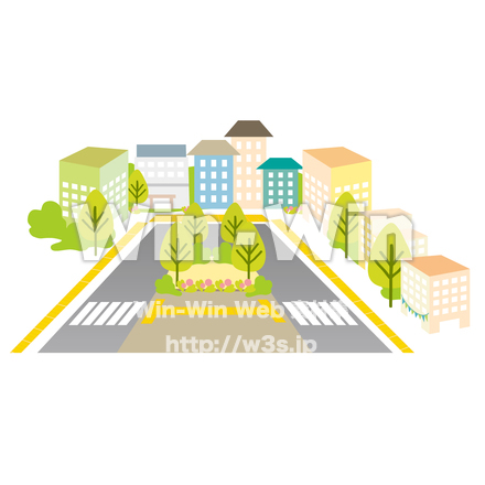 中央に横断歩道のある街並みのCG・イラスト素材 W-019783