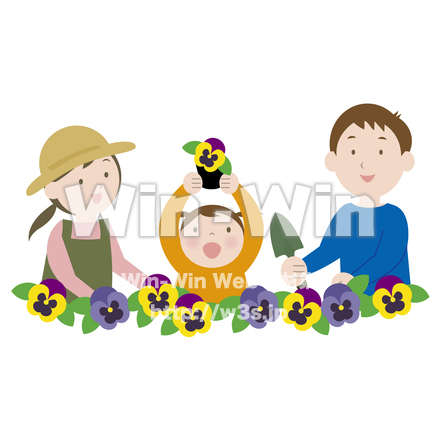 花を植える親子のCG・イラスト素材 W-025670