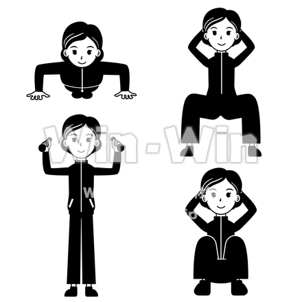 運動ポーズ_腕立て、腹筋、ダンベル、スクワットのシルエット素材 W-026669