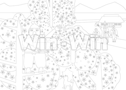 「日本昔話、花咲か爺さん」ぬり絵課題の線画のコピーのCG・イラスト素材 W-027918