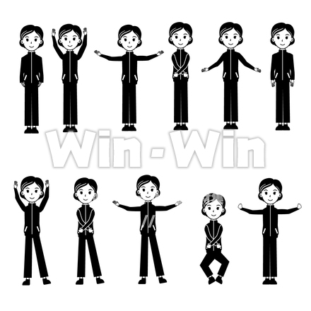 ラジオ体操の一部、深呼吸・開脚・腕回し・膝曲げ・腕振りのシルエット素材 W-026301