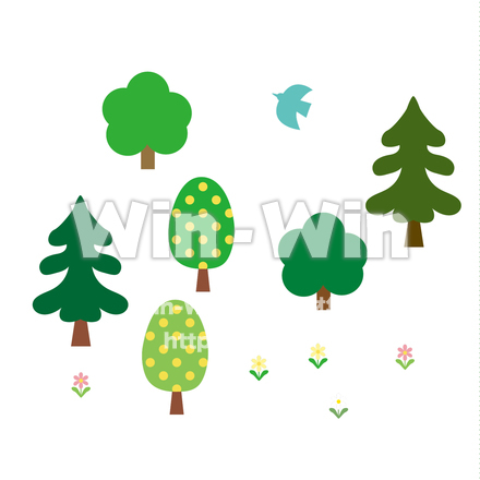 鳥と木と花のCG・イラスト素材 W-029677