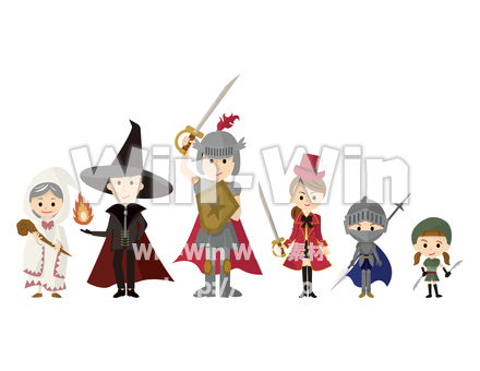 白魔道士、黒魔導師、戦士、赤魔道士、ナイト、シーフの６人パーティー　のCG・イラスト素材 W-029825