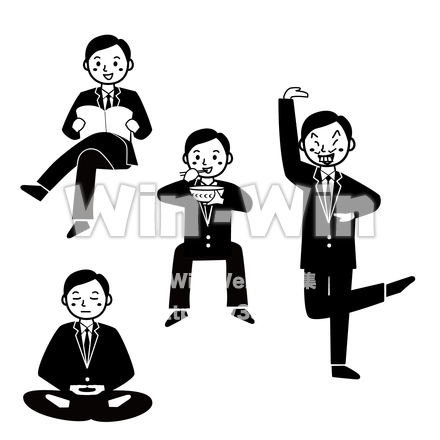 男性：雑誌閲覧、どんぶりランチ、座禅、しぇー（Coa指定シルエットサラリーマン）のシルエット素材 W-029827